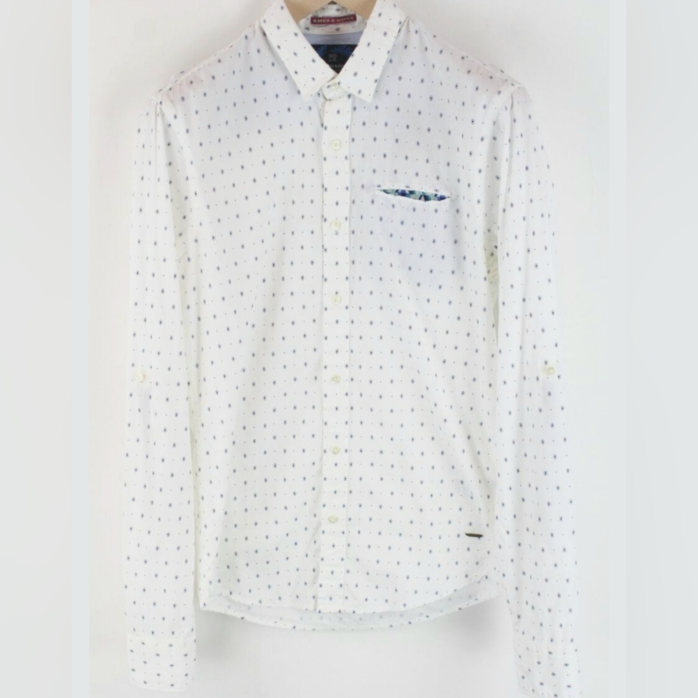 Mens Scotch & Soda Raves & Waves White Blue Long Sleeve Geometric Shirt SZ L